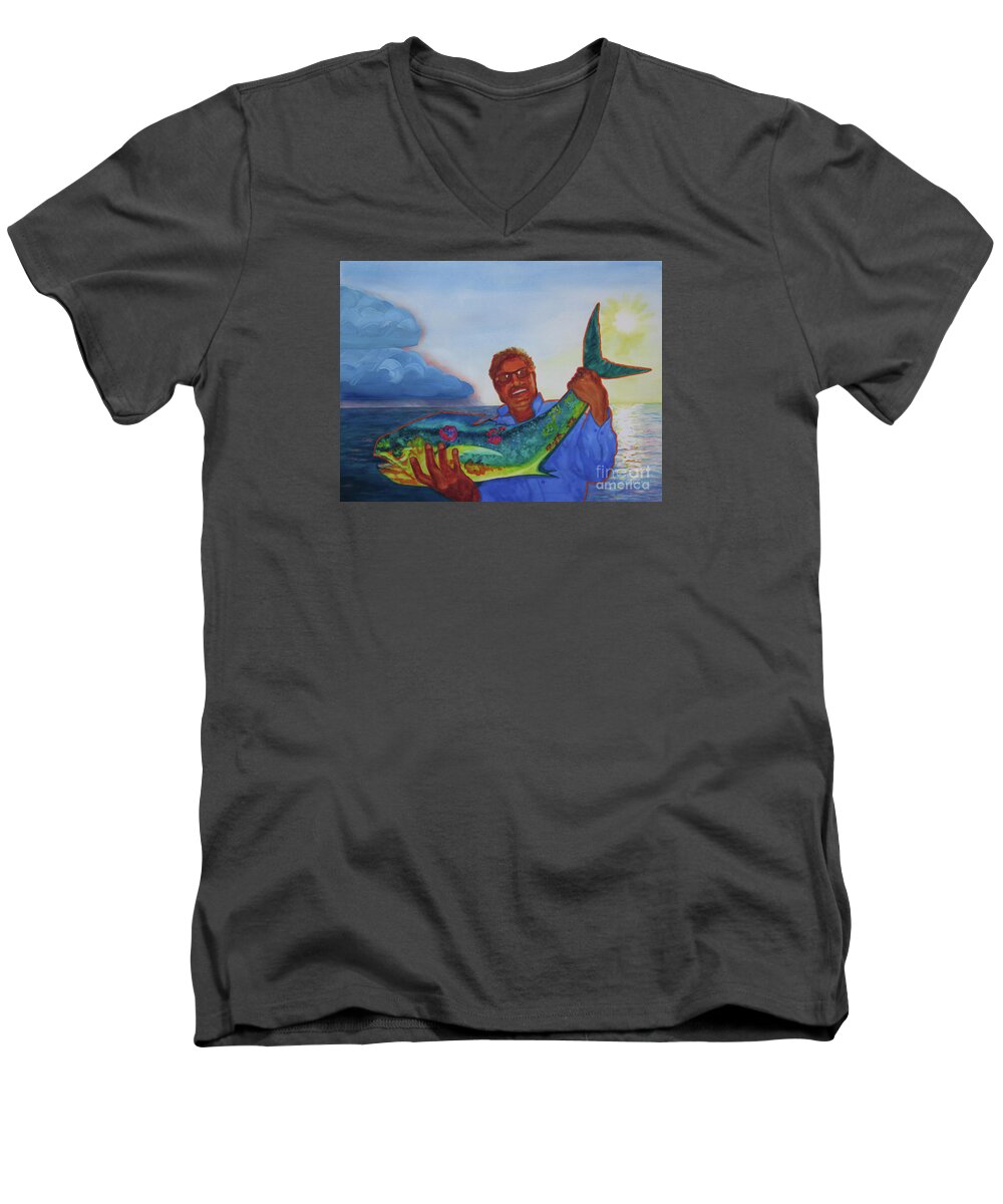 Paintings Men's V-Neck T-Shirt featuring the painting Ben and the Dolphin Fish by Kathy Braud