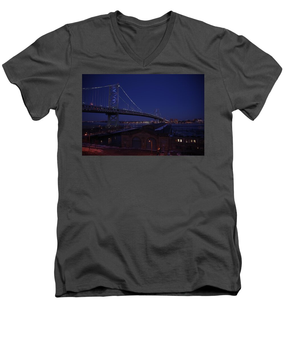 Bridge Men's V-Neck T-Shirt featuring the photograph Benjamin Franklin Bridge by Greg Graham