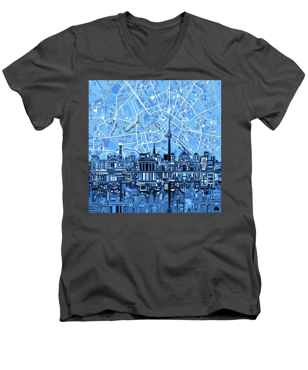 Berlin Men's V-Neck T-Shirt featuring the digital art Berlin City Skyline Abstract Blue by Bekim M