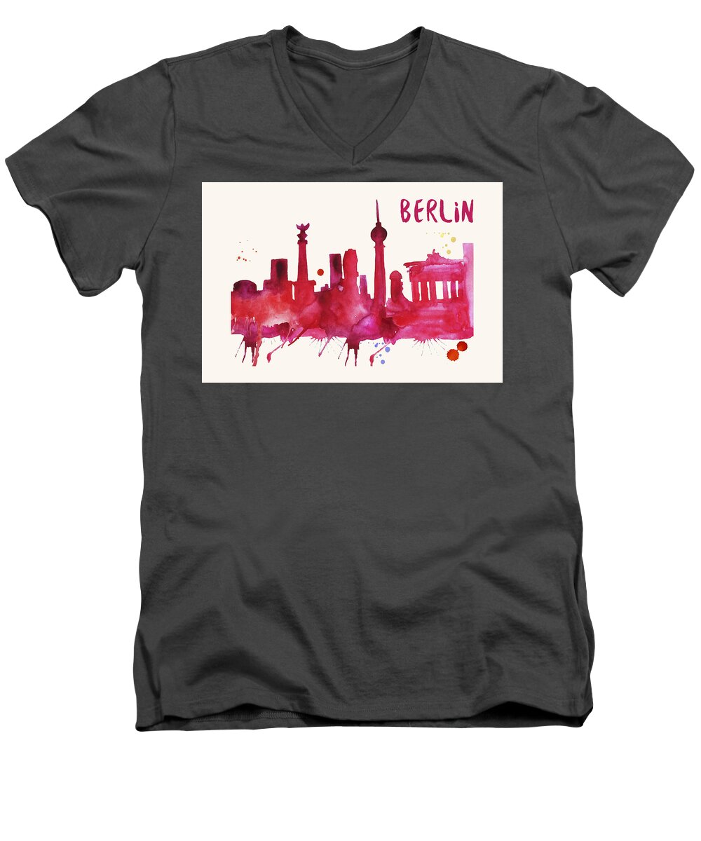 Berlin Men's V-Neck T-Shirt featuring the painting Berlin Skyline Watercolor Poster - Cityscape Painting Artwork by Beautify My Walls