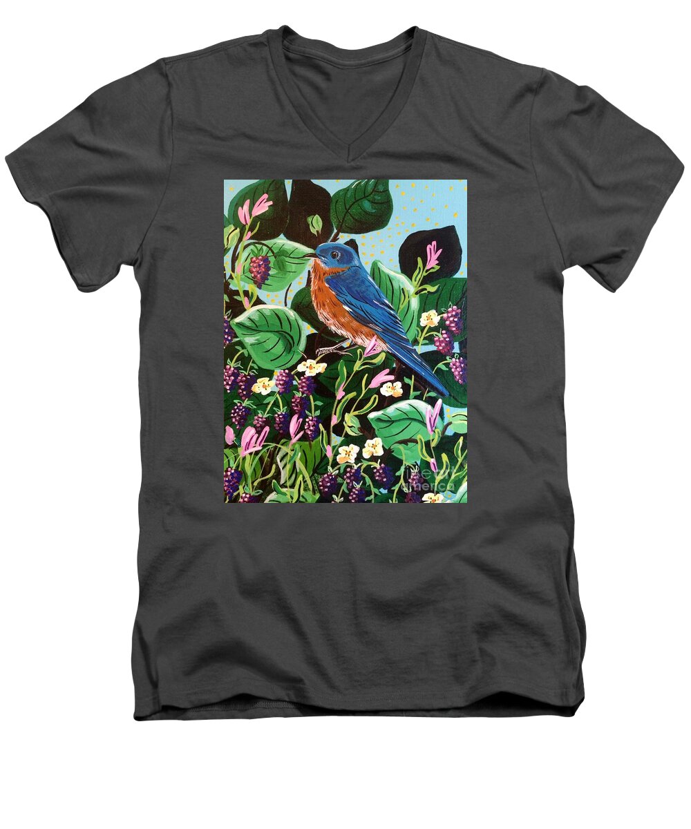 Bluebird Men's V-Neck T-Shirt featuring the painting Berry Bluebird by Jennifer Lake
