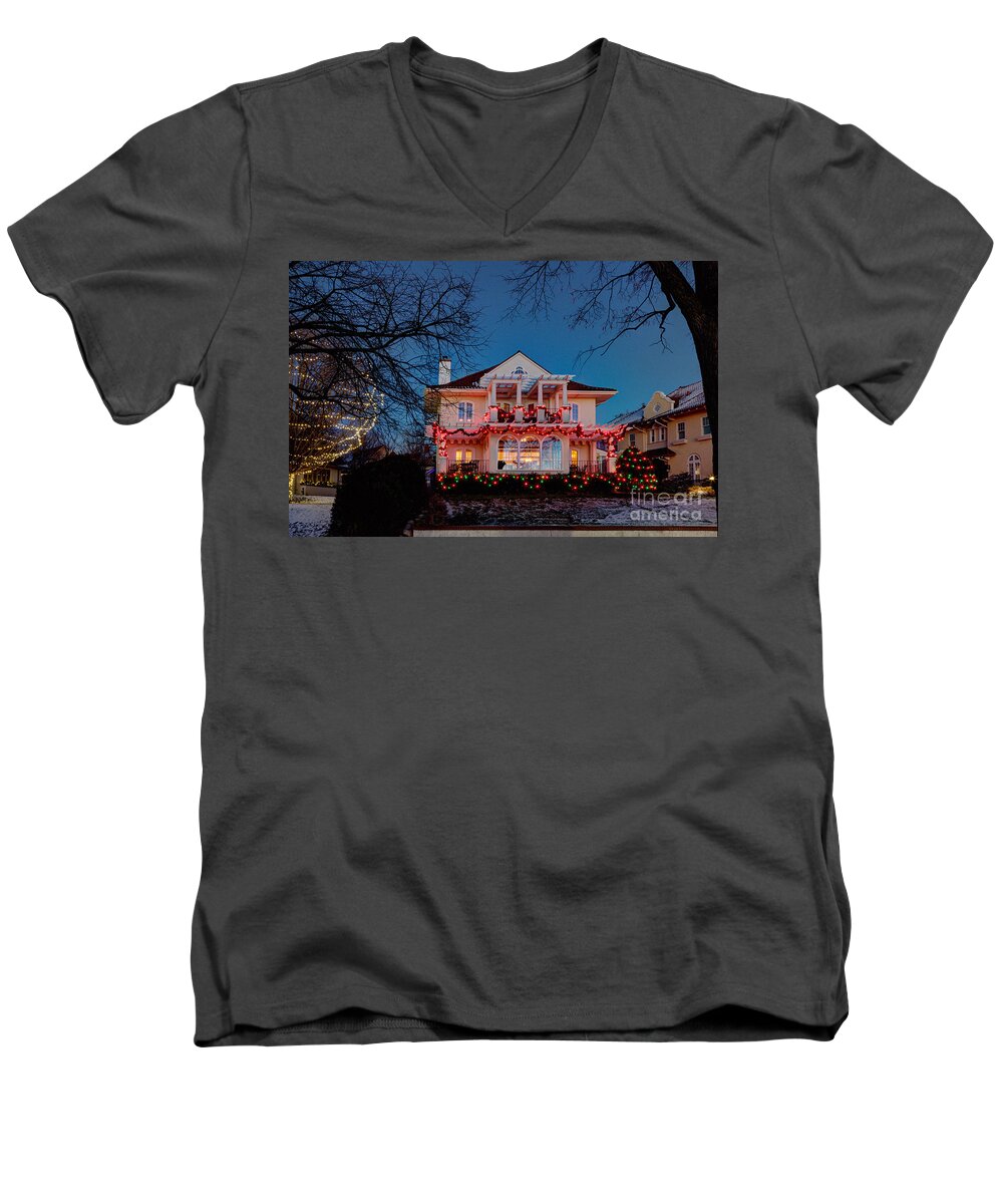 Architecture Men's V-Neck T-Shirt featuring the photograph Best Christmas Lights Lake of the Isles Minneapolis by Wayne Moran