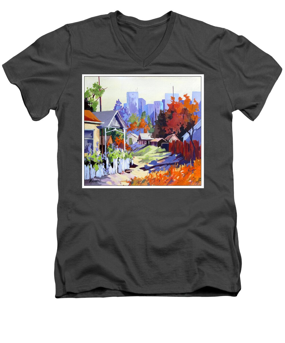 Landscape Men's V-Neck T-Shirt featuring the painting Beyond The City Limits by Rae Andrews