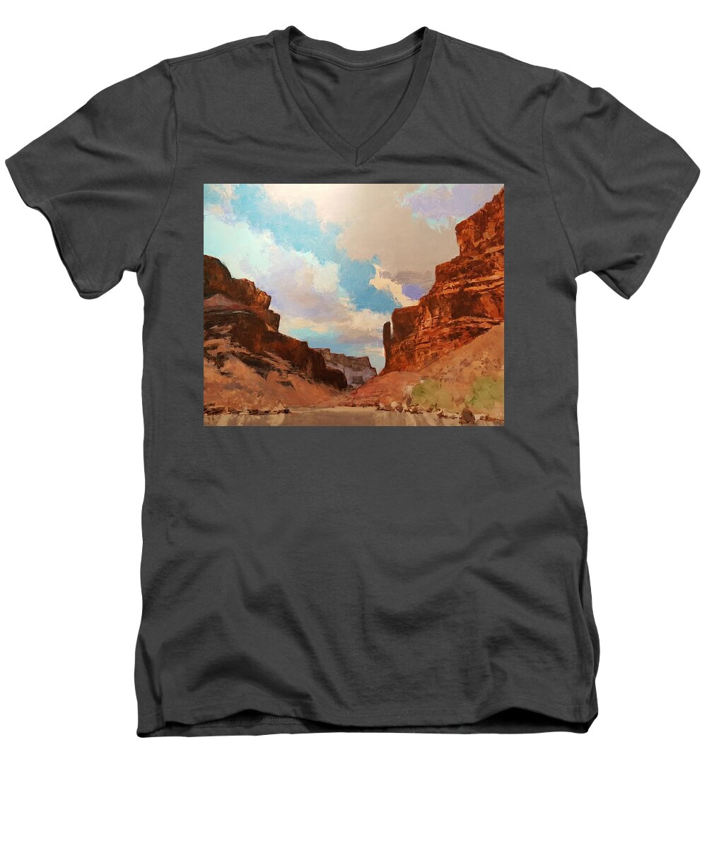 Landscape Men's V-Neck T-Shirt featuring the painting Big Club Bend Colorado River Grand Canyon by Jessica Anne Thomas