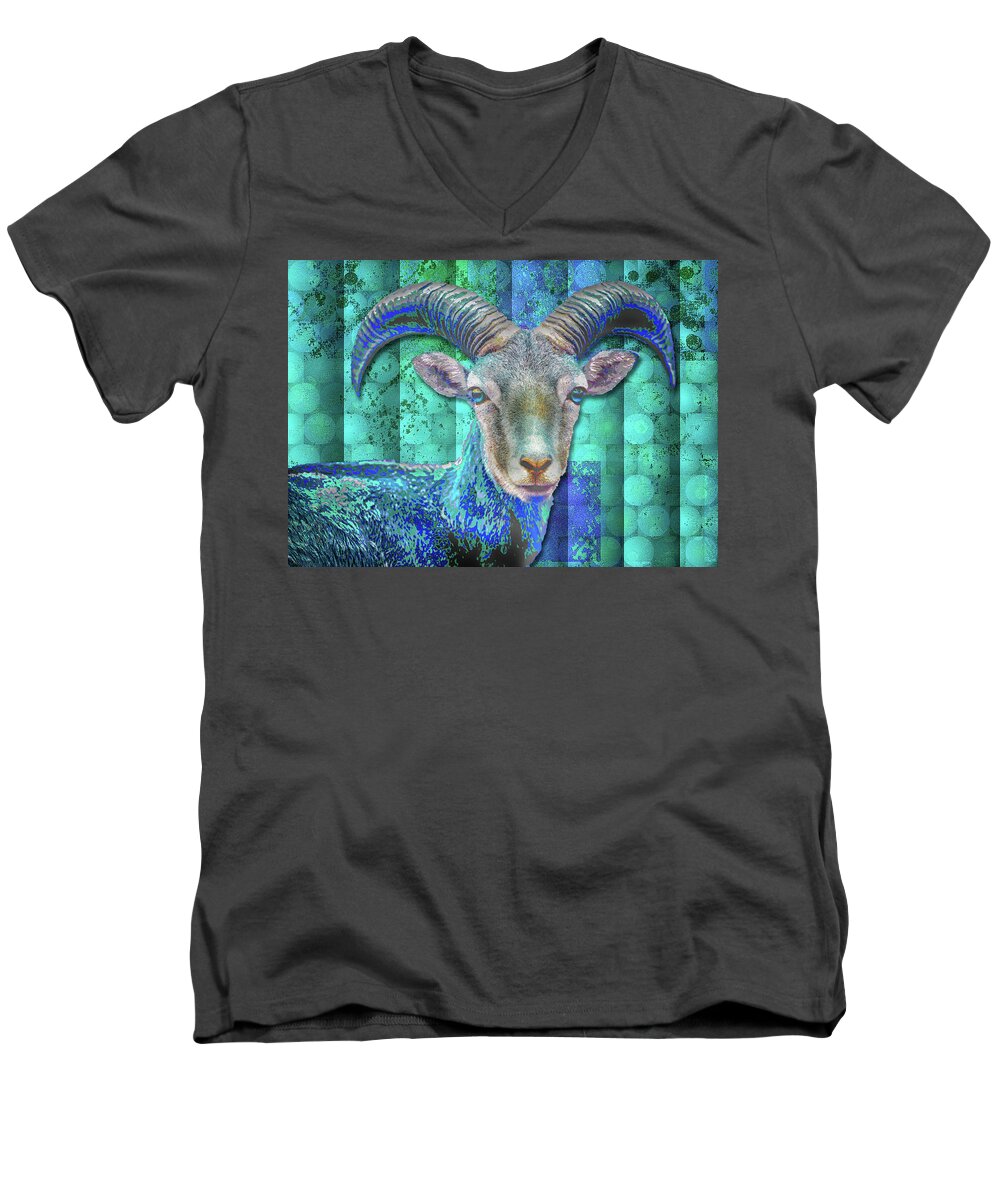 Blue Men's V-Neck T-Shirt featuring the digital art Billy Goat Blue by Mimulux Patricia No