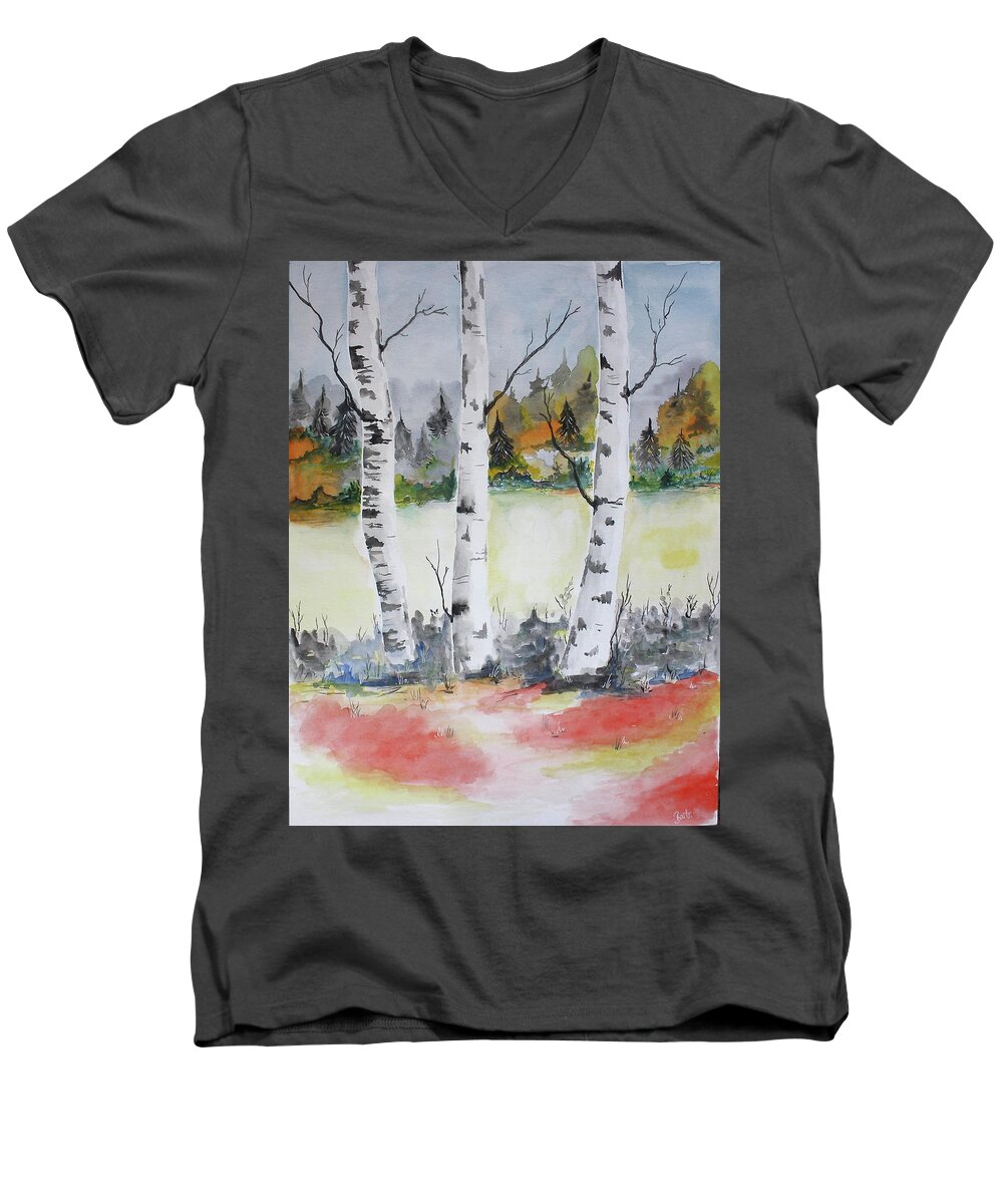 Birch Men's V-Neck T-Shirt featuring the painting Birches by Barbara Teller