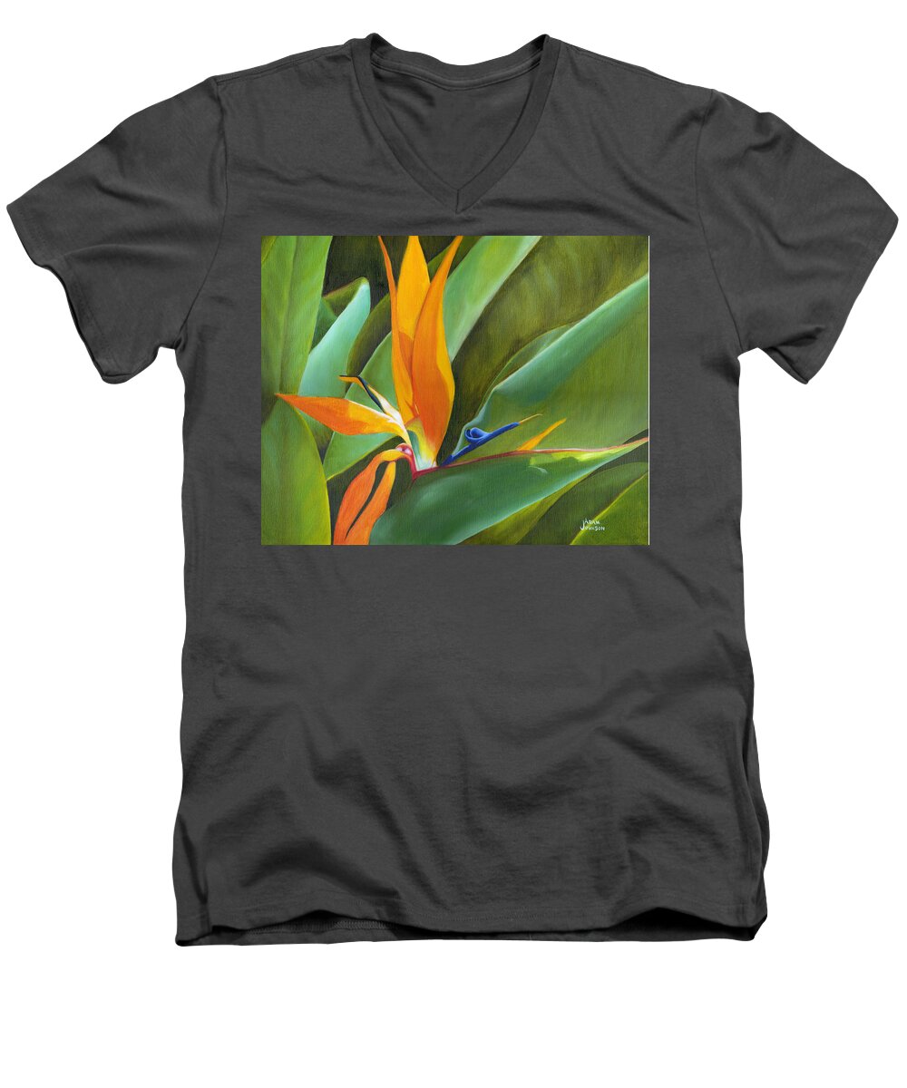 Bird Men's V-Neck T-Shirt featuring the painting Bird of Paradise by Adam Johnson