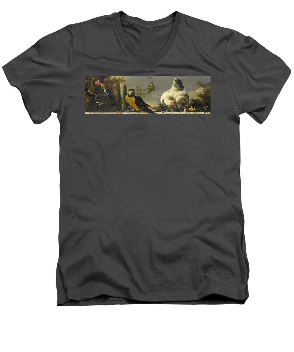 Pheasant Men's V-Neck T-Shirt featuring the painting Birds On A Balustrade, 1690 by Melchior D Hondecoeter
