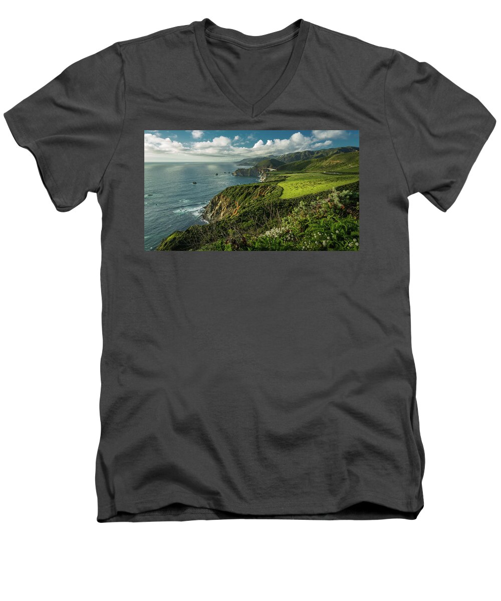 Clouds Men's V-Neck T-Shirt featuring the photograph Bixby Bridge on the Coast by Rick Strobaugh