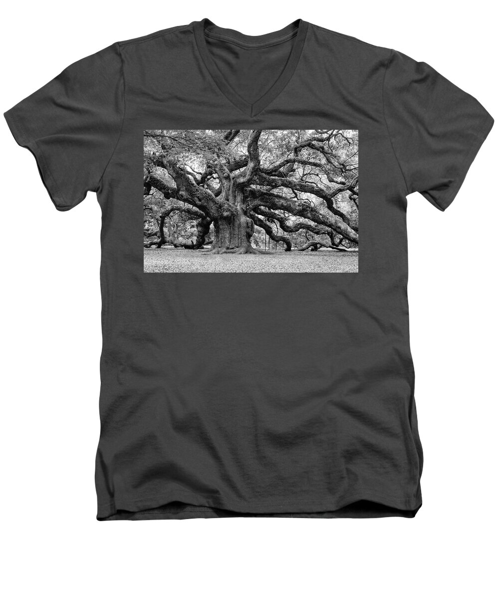 Angel Oak Men's V-Neck T-Shirt featuring the photograph Black and White Angel Oak Tree by Louis Dallara