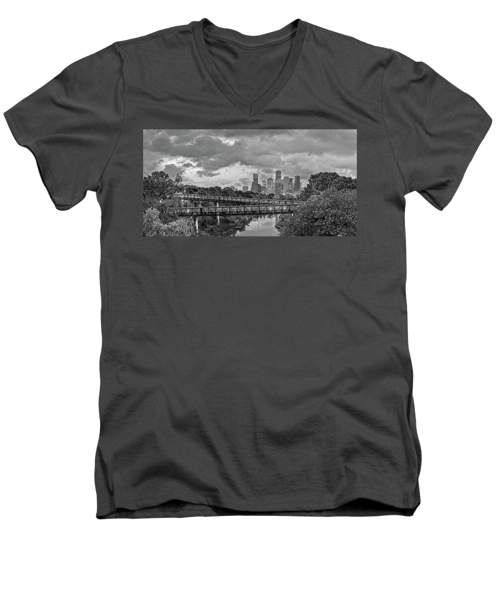 Downtown Men's V-Neck T-Shirt featuring the photograph Black and White Panorama of Downtown Houston and Buffalo Bayou from the Studemont Bridge - Texas by Silvio Ligutti