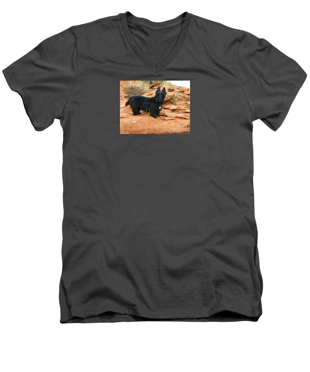 Scottish Terrier Men's V-Neck T-Shirt featuring the photograph Black Dog Red Rock by Michele Penner