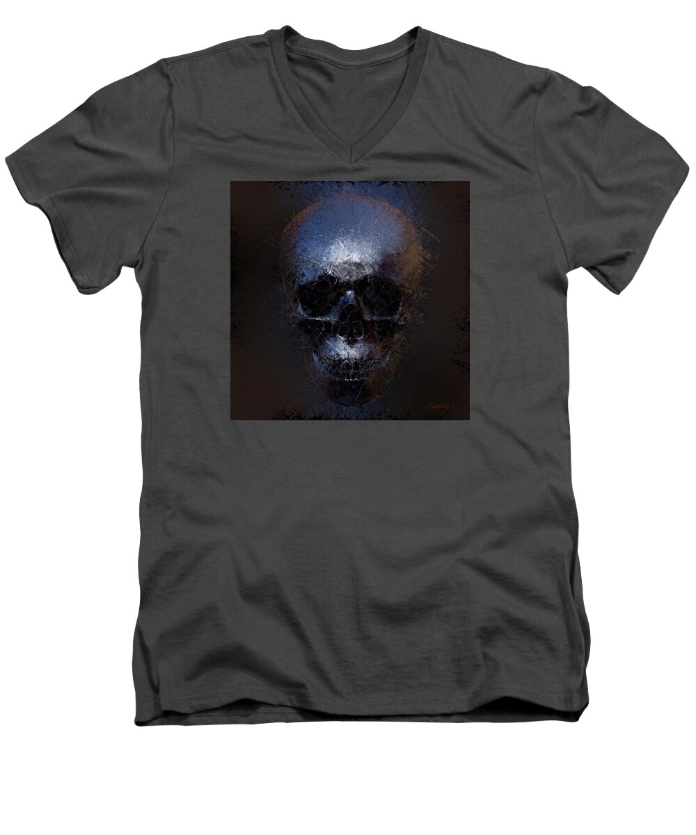 Old Men's V-Neck T-Shirt featuring the digital art Black skull by Vitaliy Gladkiy