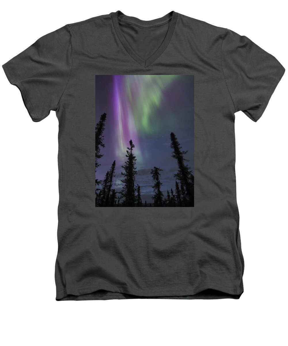 Aurora Borealis Men's V-Neck T-Shirt featuring the photograph Blended with Green by Ian Johnson