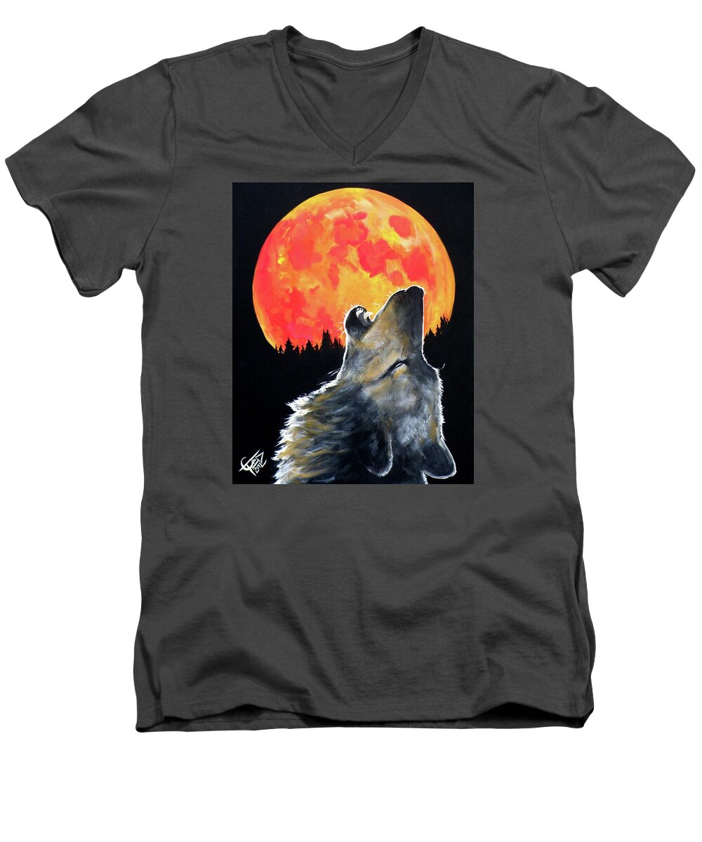 Wolf Men's V-Neck T-Shirt featuring the painting Blood Moon Wolf by Tom Carlton