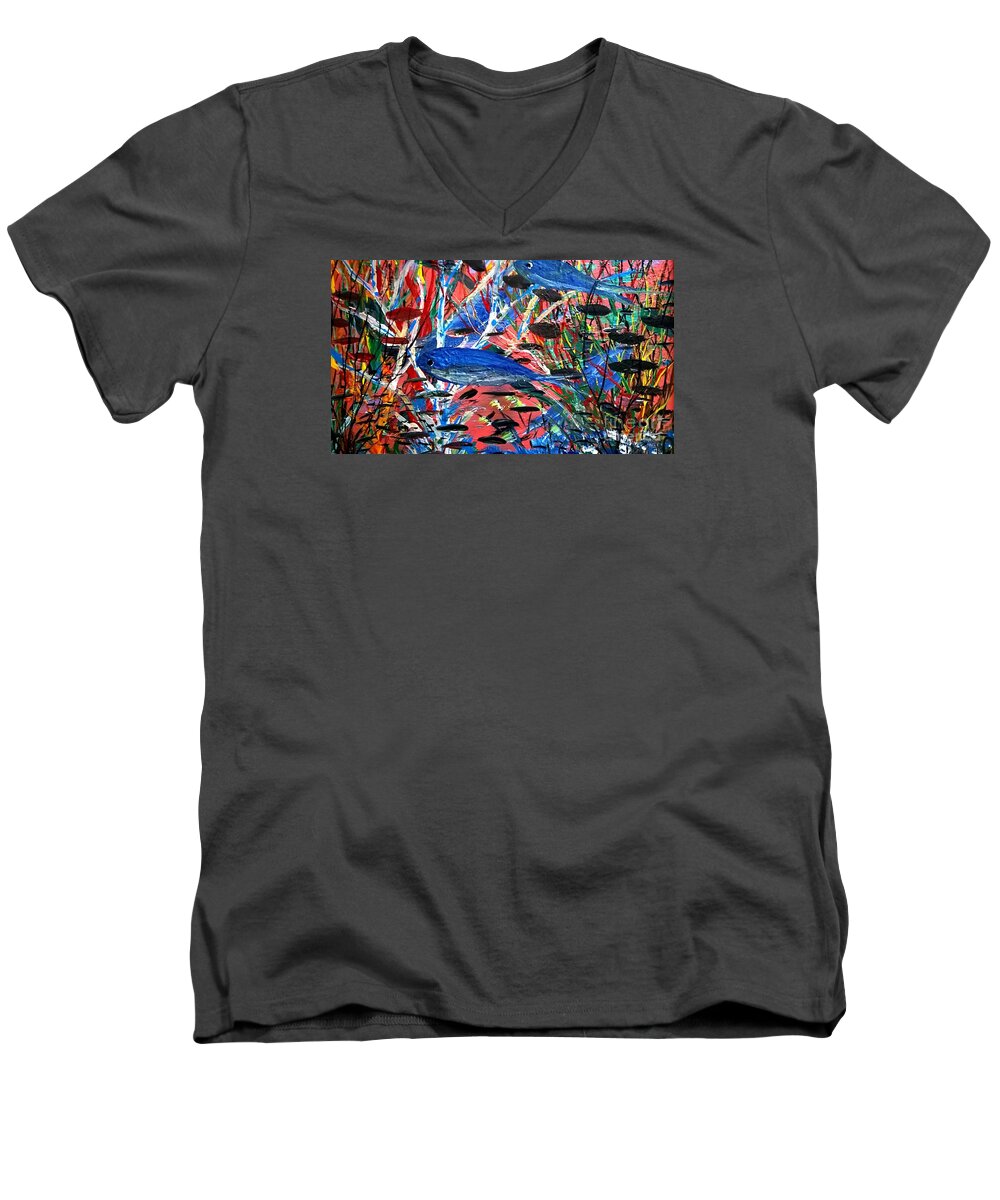 Fish Men's V-Neck T-Shirt featuring the painting Blue Blue by James and Donna Daugherty