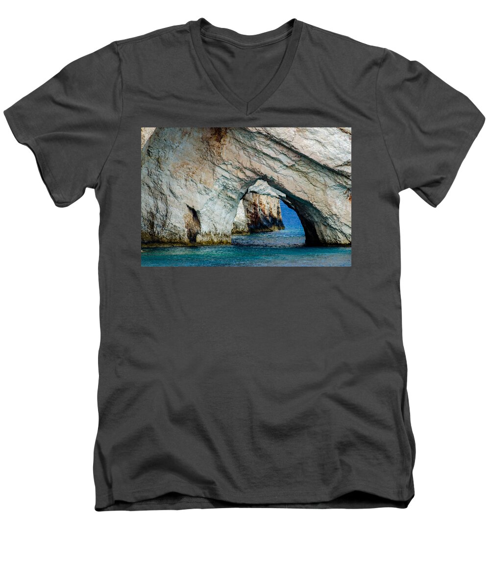 Turquoise Men's V-Neck T-Shirt featuring the photograph Blue Caves 1 by Rainer Kersten