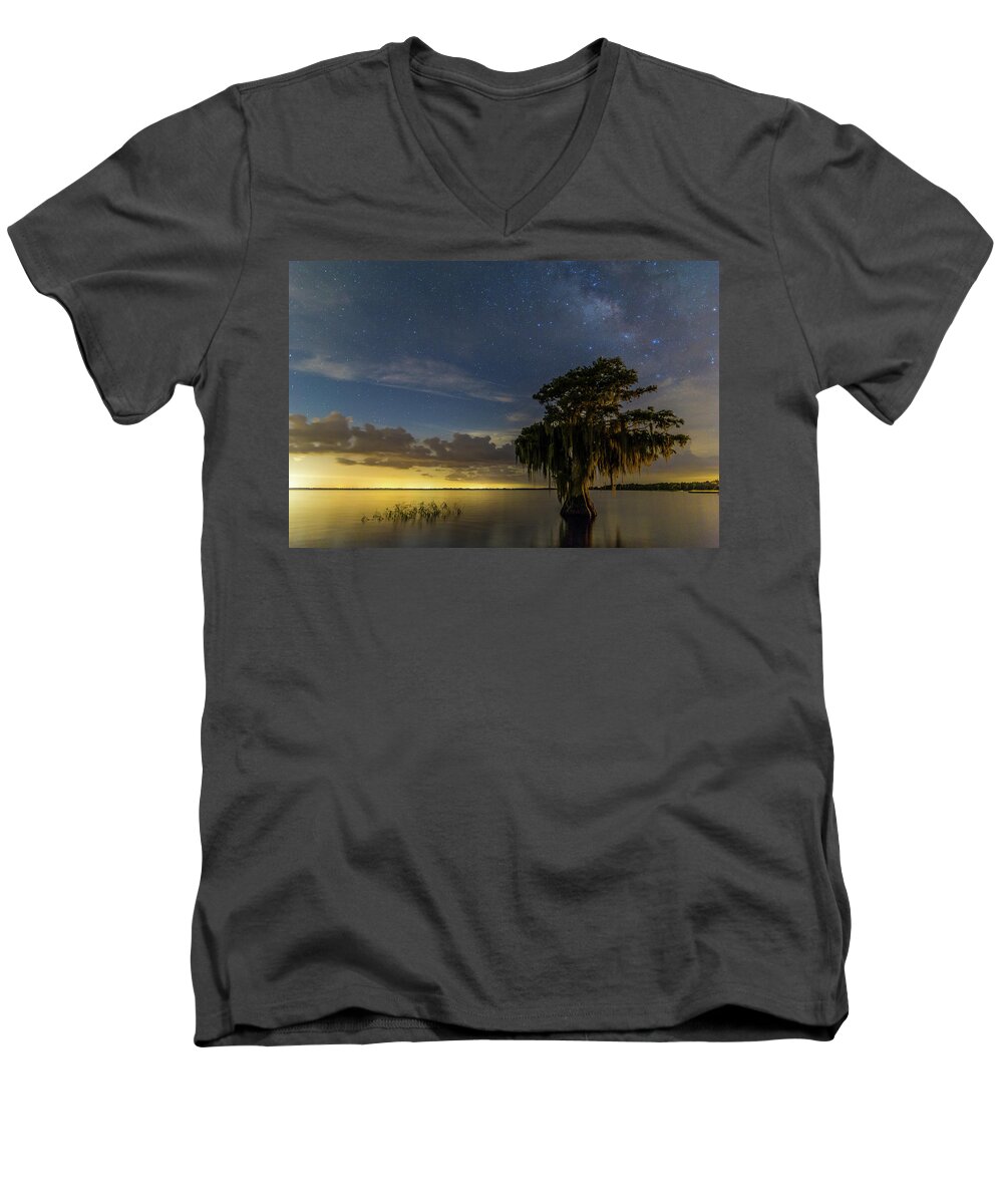 Blue Cypress Lake Men's V-Neck T-Shirt featuring the photograph Blue Cypress Lake Nightsky by Stefan Mazzola