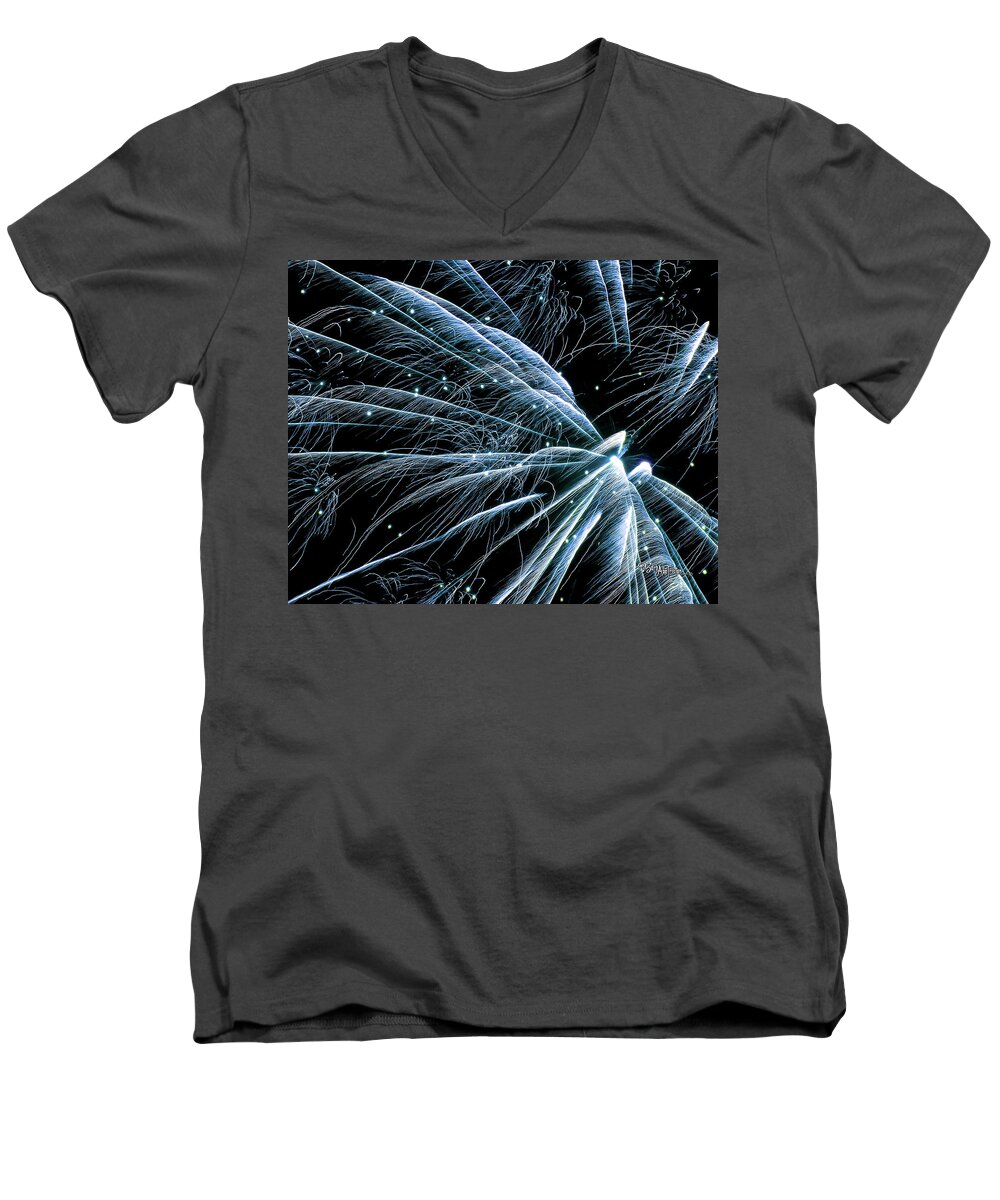 Fireworks Men's V-Neck T-Shirt featuring the photograph Blue Fairy Fireworks #0710_3 by Barbara Tristan