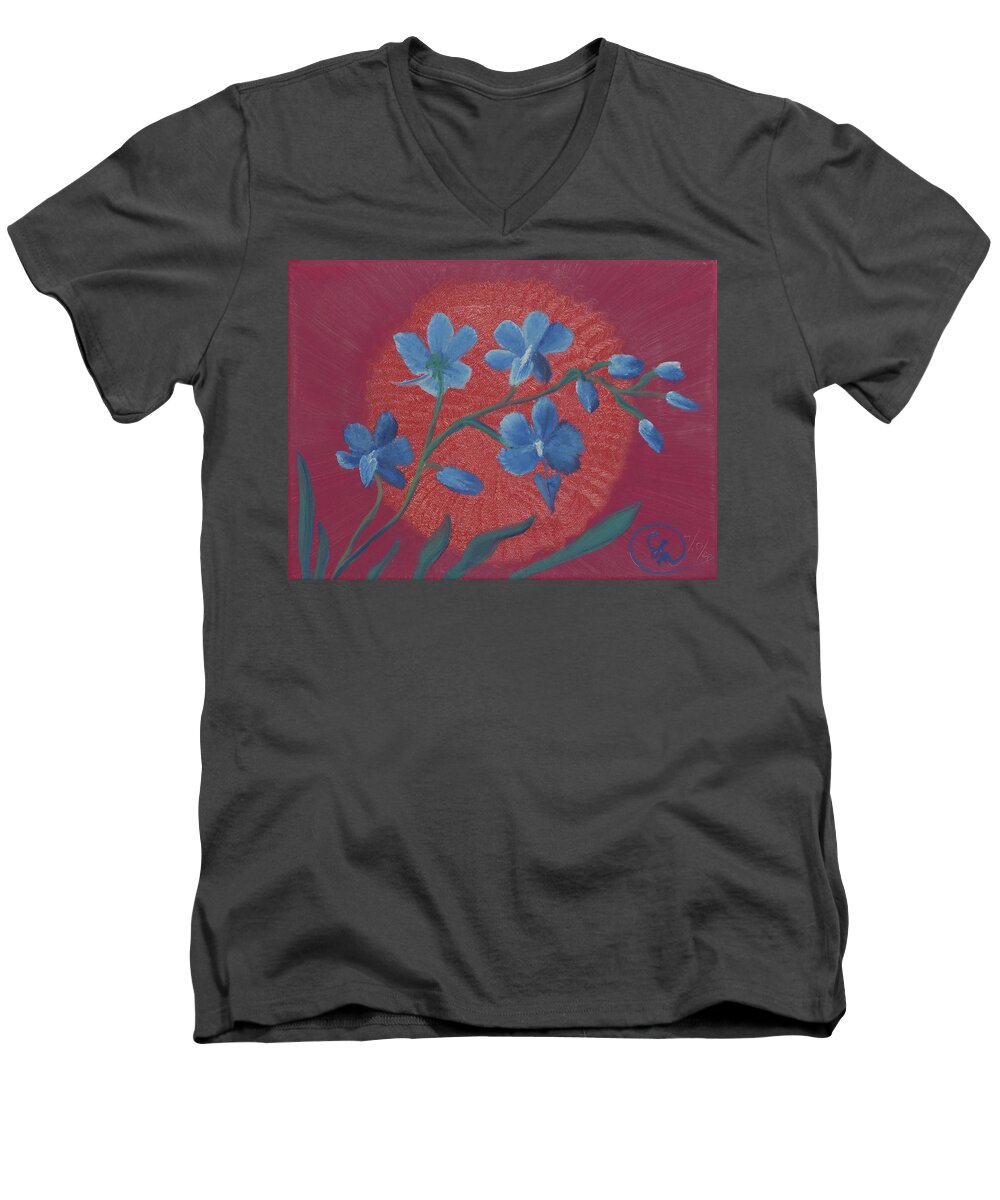 Fine Art Men's V-Neck T-Shirt featuring the painting Blue Flower on Magenta by Stephen Daddona