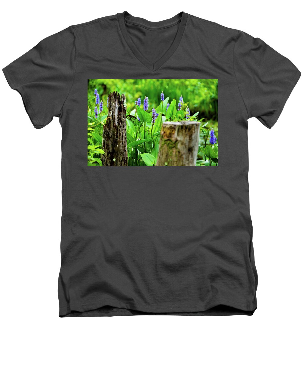 Bloom Men's V-Neck T-Shirt featuring the photograph Blue Flowers and Artistic Logs by Dennis Dame