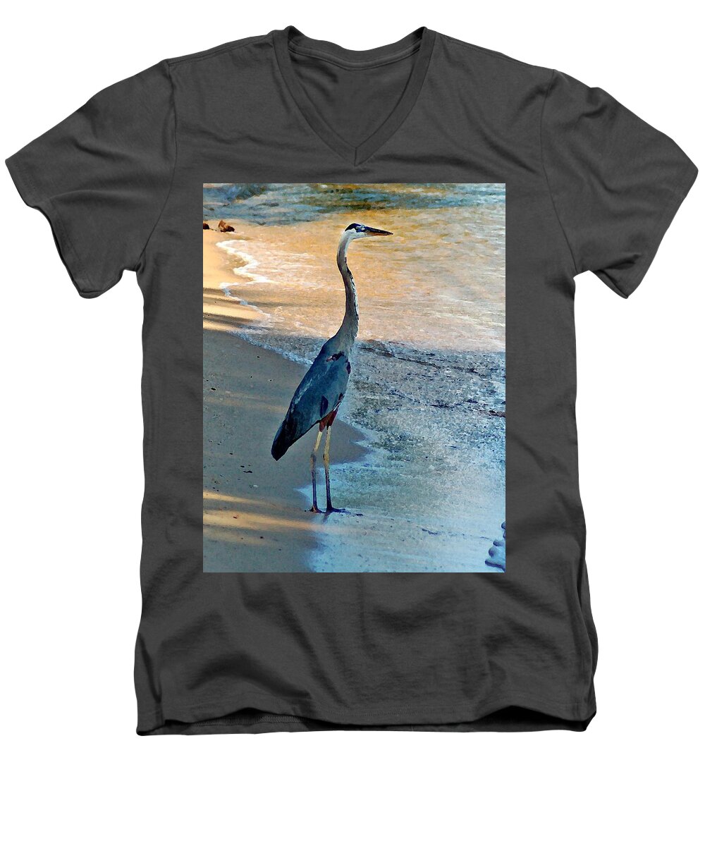  Men's V-Neck T-Shirt featuring the painting Blue Heron on the Beach Close up by Michael Thomas