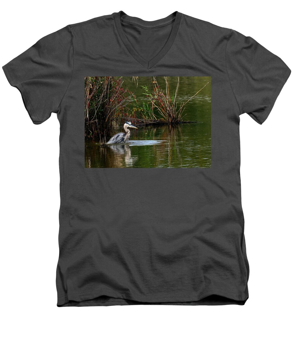 Ardea Herodias Men's V-Neck T-Shirt featuring the photograph Blue Heron Pond by Patrick Wolf