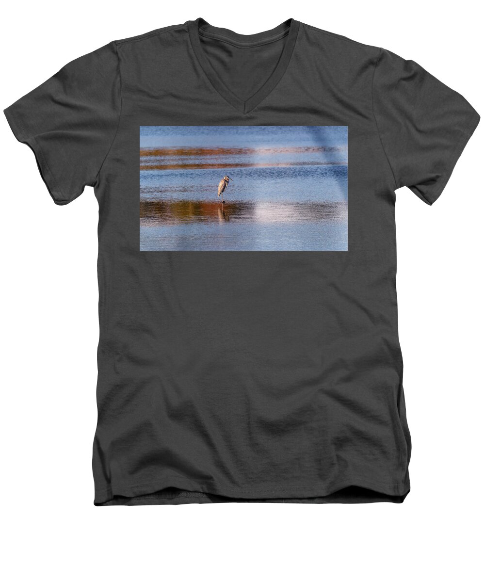 Blue Heron Men's V-Neck T-Shirt featuring the photograph Blue Heron standing in a pond at sunset by Patrick Wolf