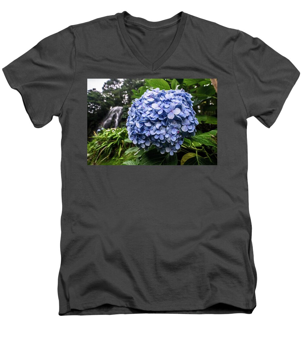 Hydrangea Men's V-Neck T-Shirt featuring the photograph Blue Hydrangea by waterfall by Sven Brogren