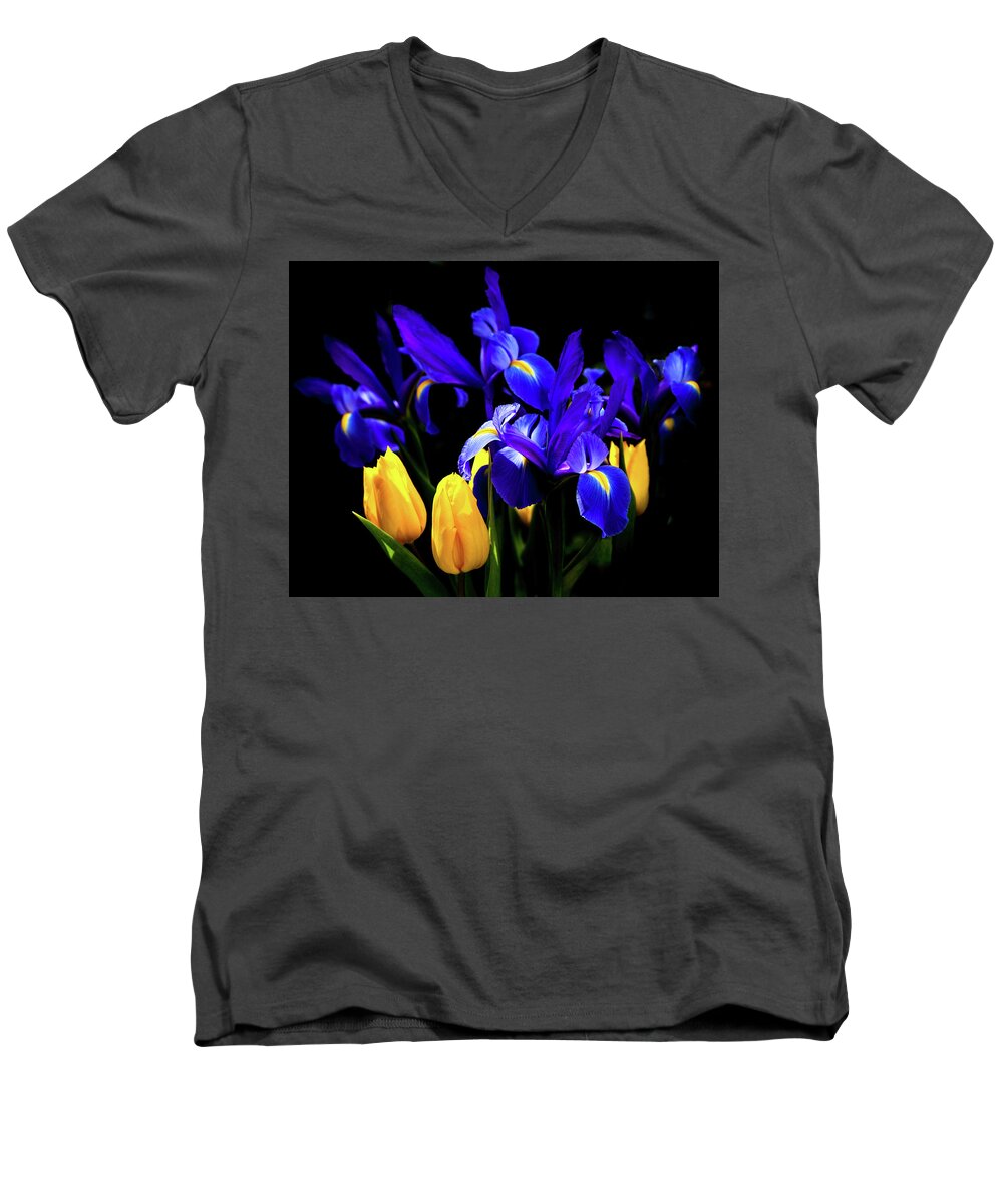 Blue Iris Men's V-Neck T-Shirt featuring the photograph BLUE IRIS WALTZ by KAREN WILES by Karen Wiles