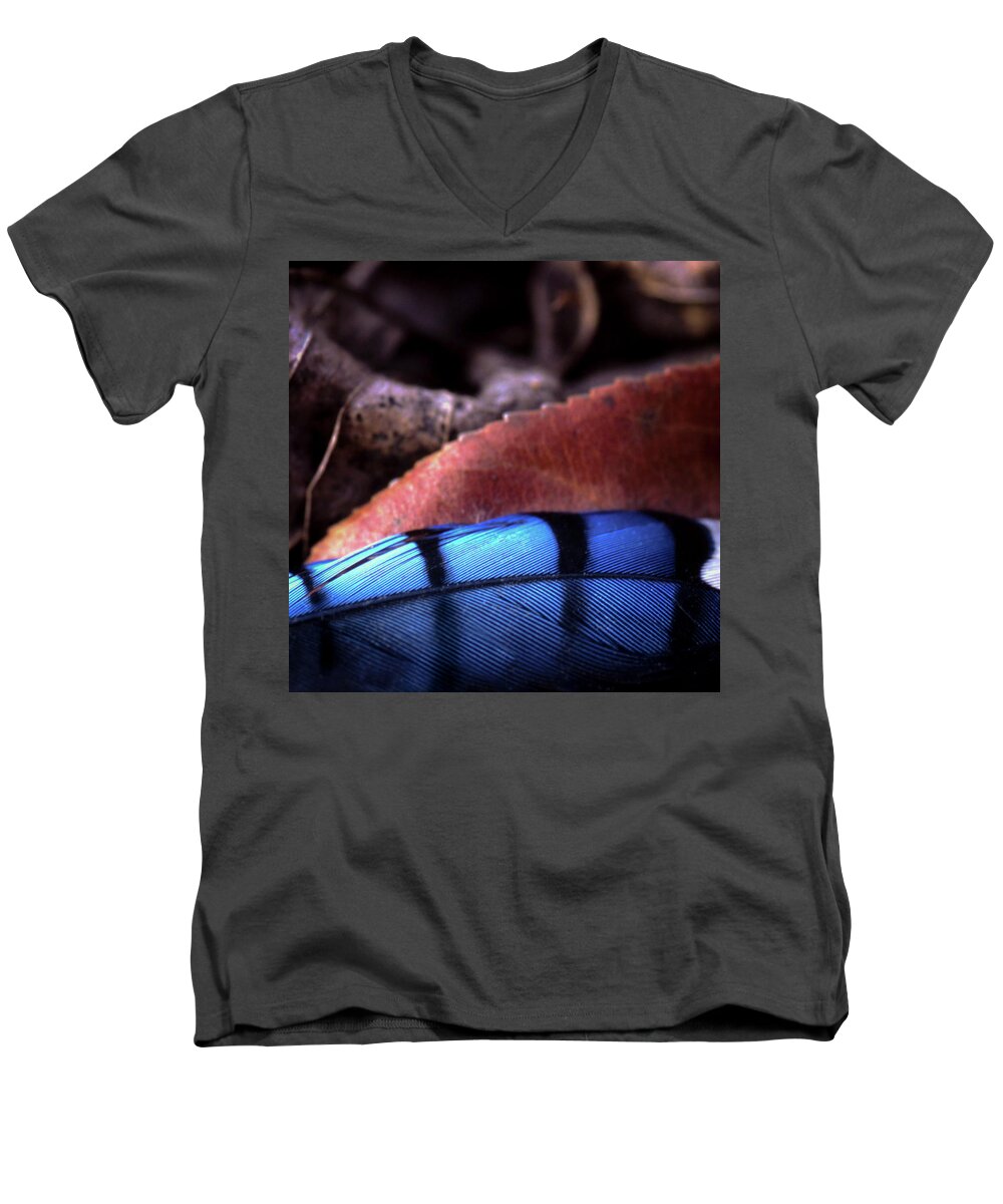 Blue Jay Men's V-Neck T-Shirt featuring the photograph Blue Jay Feather by Jeff Phillippi