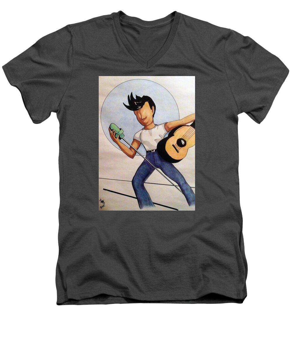 Music Men's V-Neck T-Shirt featuring the drawing Blue Moon by Loretta Nash