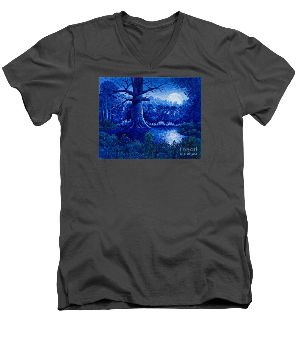 Moon Men's V-Neck T-Shirt featuring the painting Blue Moon by Michael Frank