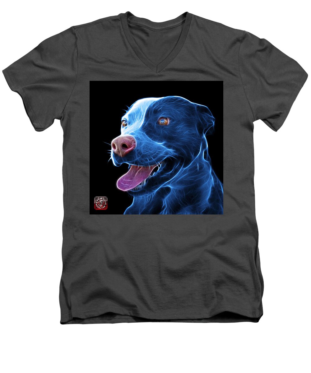 Pit Bull Men's V-Neck T-Shirt featuring the mixed media Blue Pit Bull Fractal Pop Art - 7773 - F - BB by James Ahn