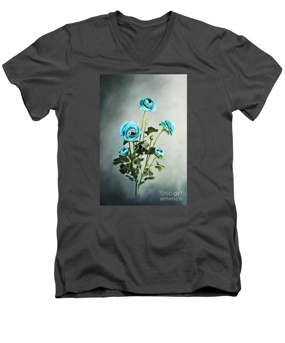 Ranunculus Men's V-Neck T-Shirt featuring the photograph Blue Ranunculus by Stephanie Frey