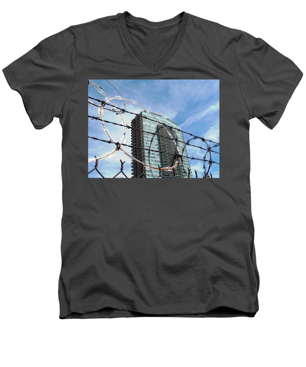 Louisville Men's V-Neck T-Shirt featuring the photograph Blue Sky and Barbed Wire by Christopher Brown