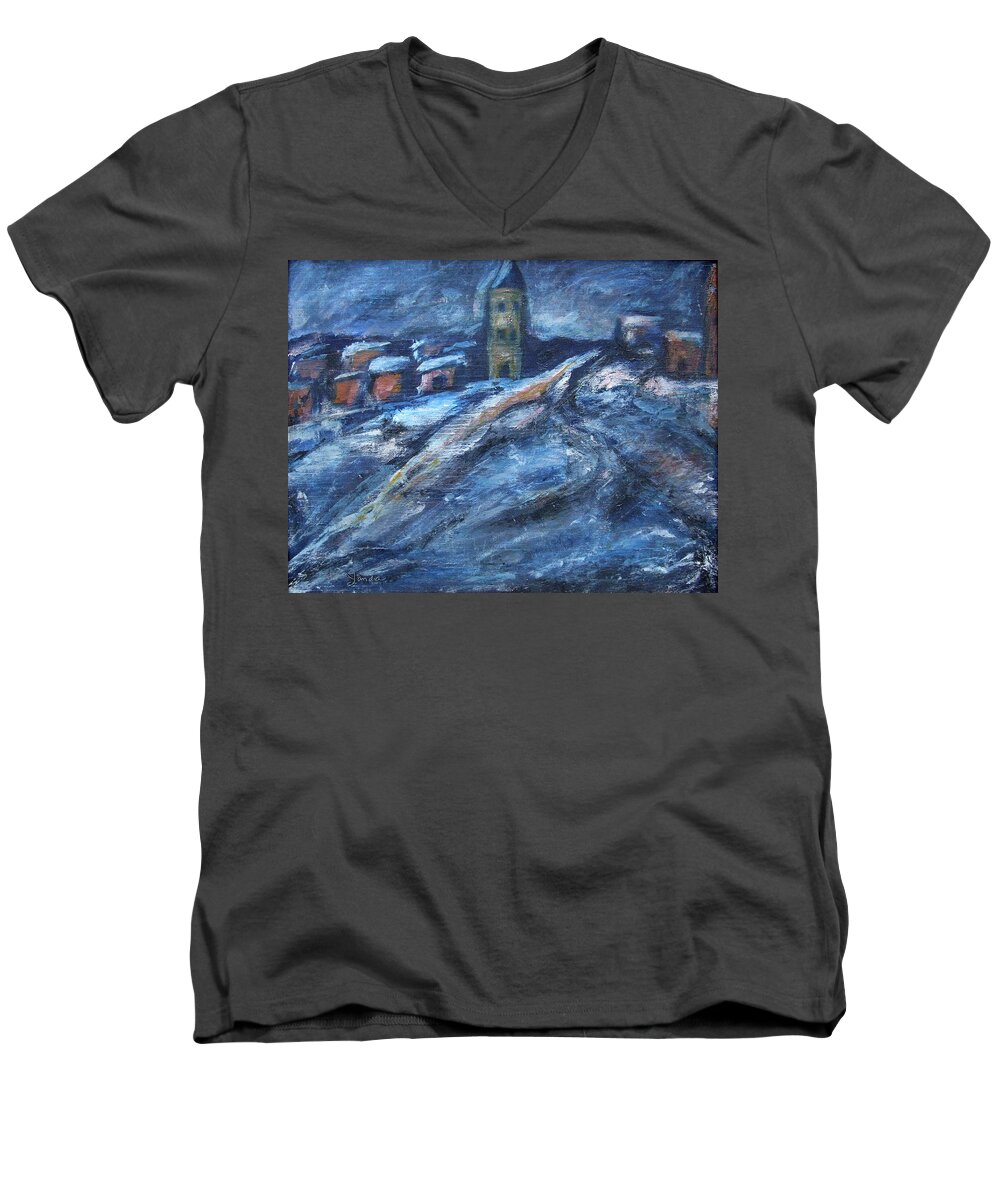 Katt Yanda Original Art Landscsape Oil Painting Blue Snow City Men's V-Neck T-Shirt featuring the painting Blue Snow City by Katt Yanda