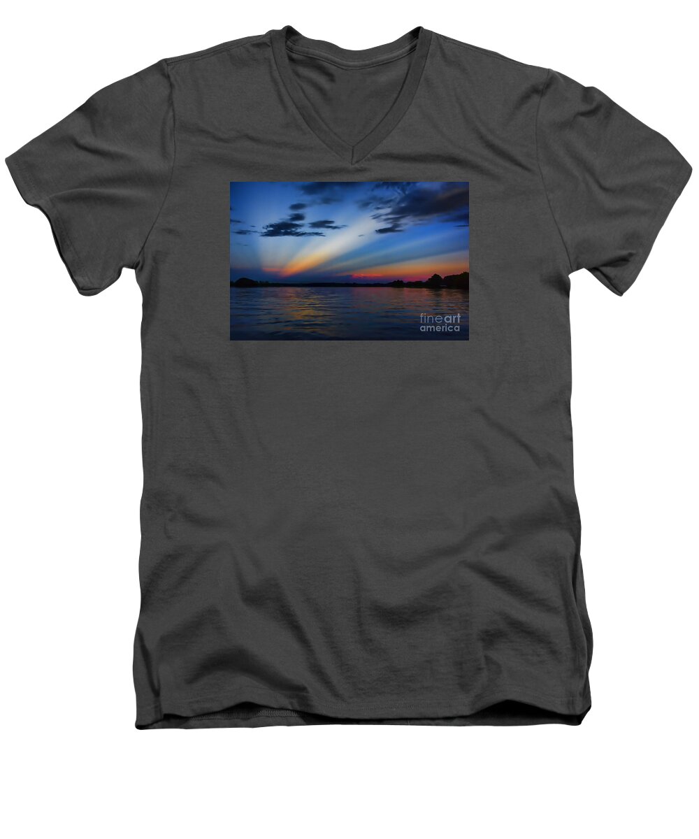 Blue Men's V-Neck T-Shirt featuring the photograph Blue Sunset by Ken Johnson