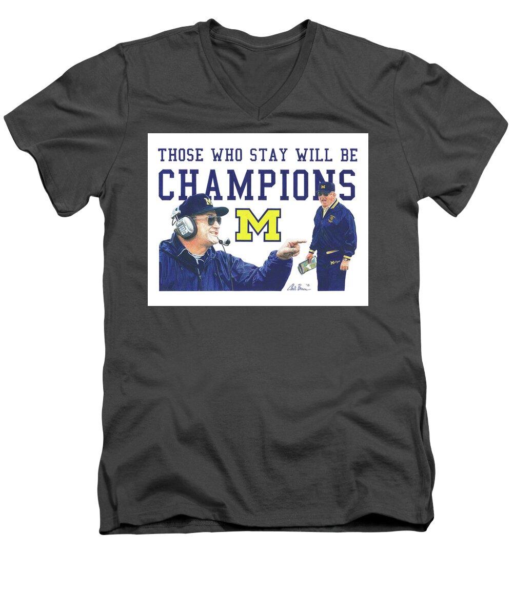 Michigan Wolverines Men's V-Neck T-Shirt featuring the drawing Bo Schembechler by Chris Brown