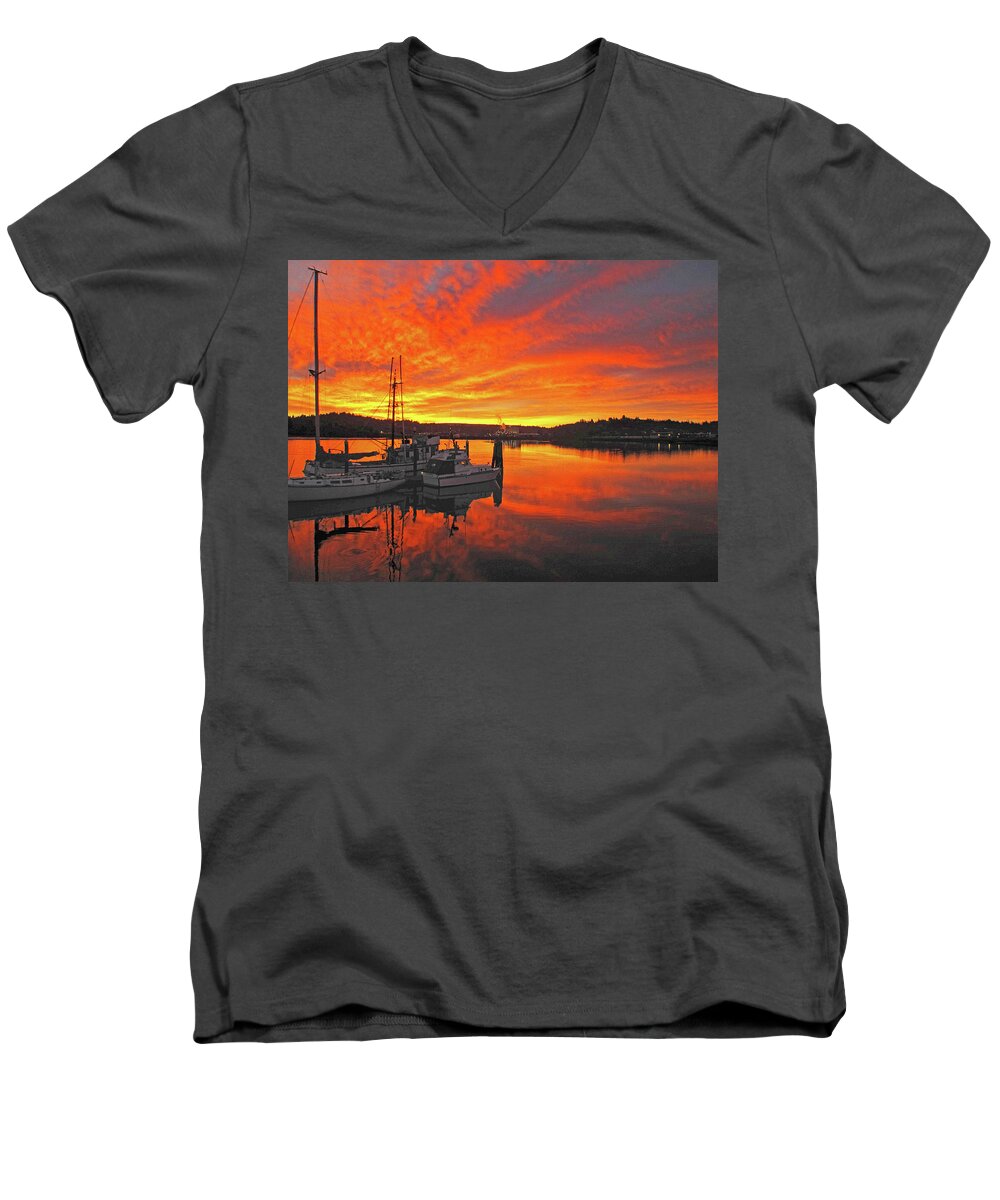 Coos Bay Boardwalk Men's V-Neck T-Shirt featuring the photograph Boardwalk Brilliance with Fish Ring by Suzy Piatt