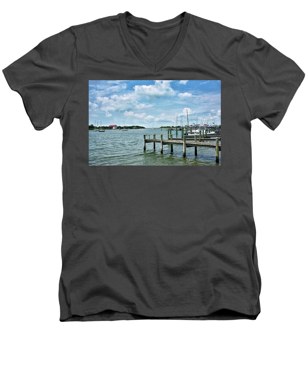 Ocracoke Men's V-Neck T-Shirt featuring the photograph Boat Dock on Silver Lake - Ocracoke Island by Brendan Reals