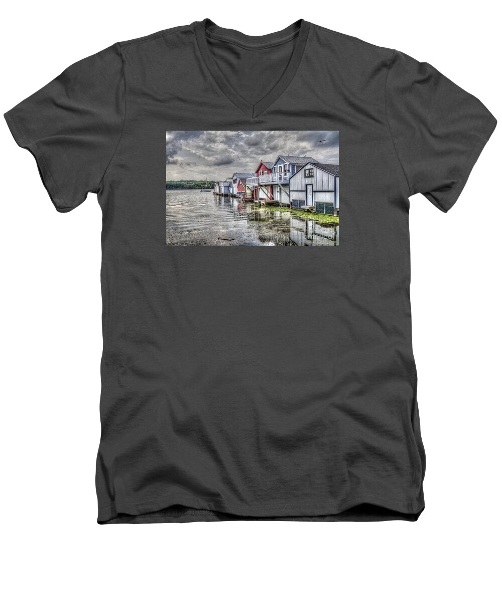 Boathouse Men's V-Neck T-Shirt featuring the photograph Boat Houses in the Finger Lakes by Joann Long