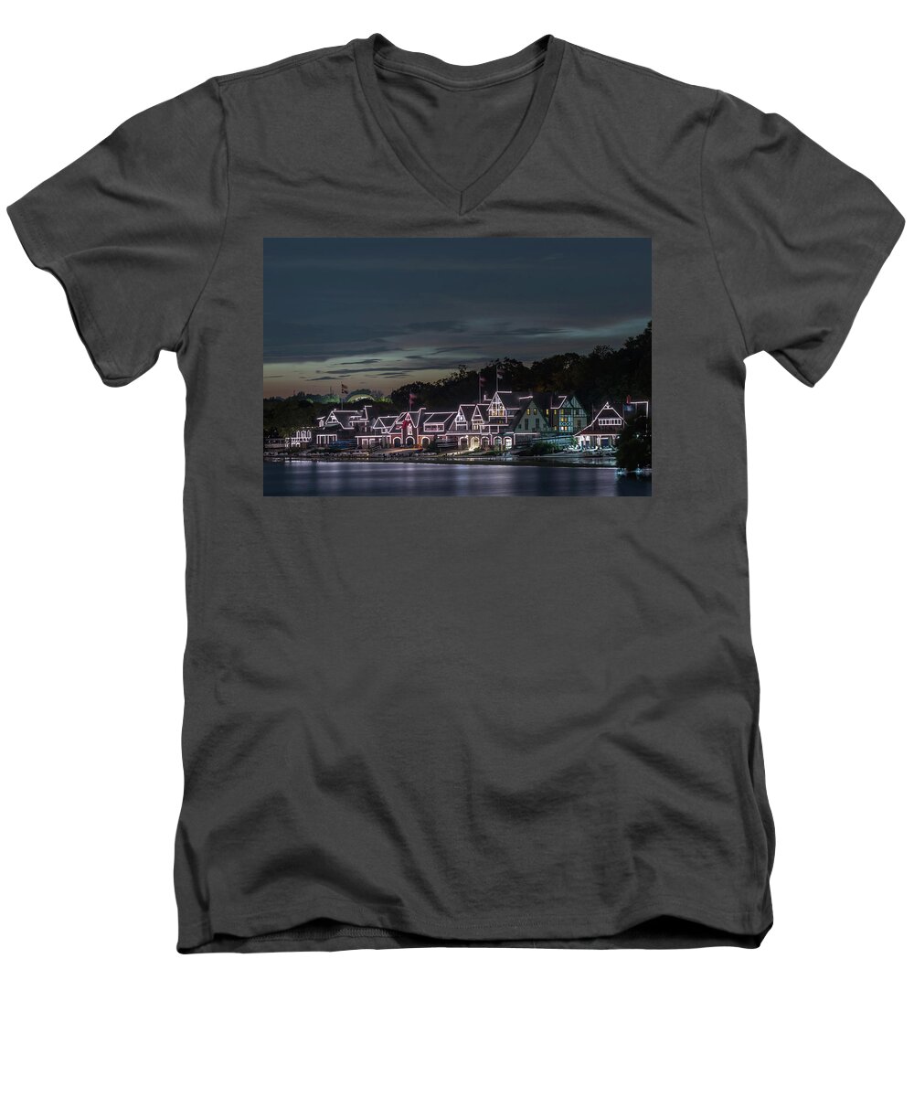 Boathouse Row Philly Pa Night Men's V-Neck T-Shirt featuring the photograph Boathouse Row Philly Pa Night by Terry DeLuco