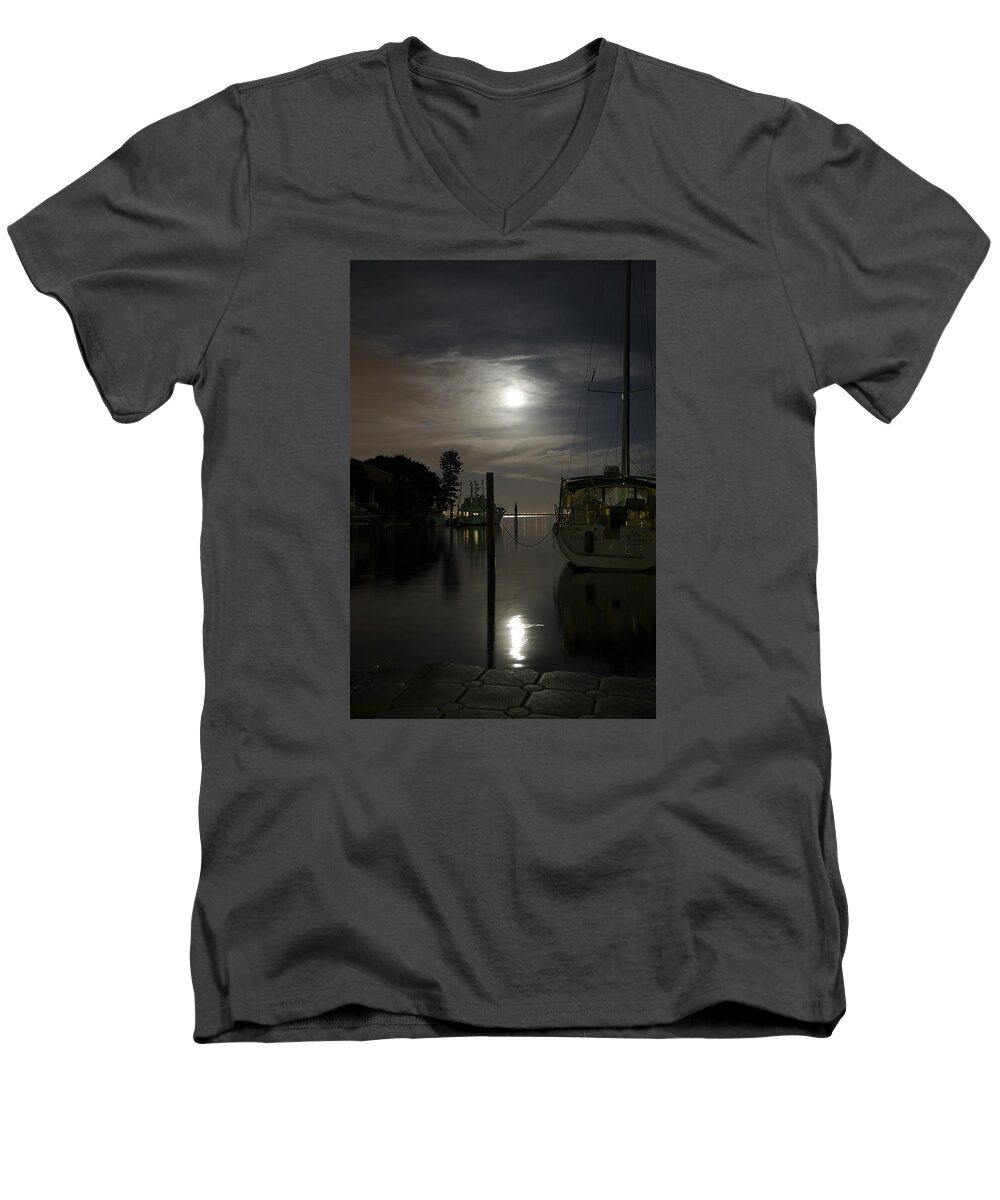 Tierra Verde Men's V-Neck T-Shirt featuring the photograph Boats at Moon Rise by David Ralph Johnson