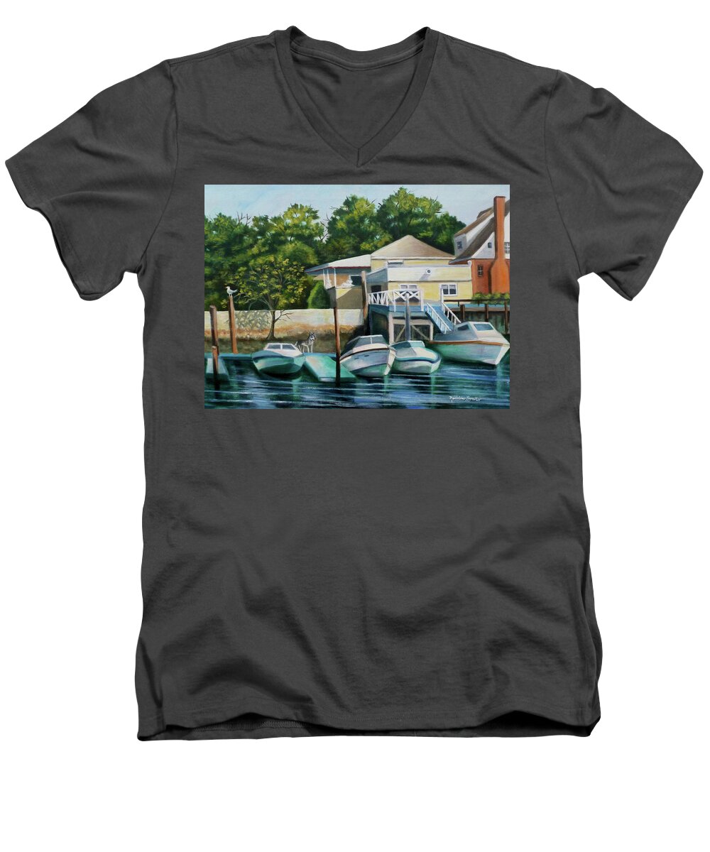 Blue Water With Moving Reflections Men's V-Neck T-Shirt featuring the painting Boats On Crossbay Blvd. by Madeline Lovallo