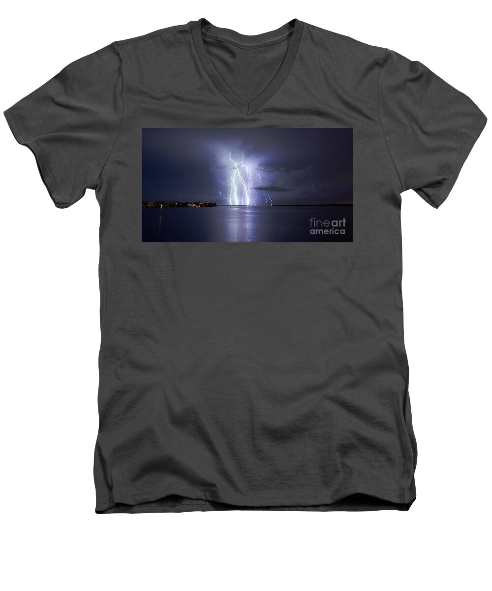 Lightning Men's V-Neck T-Shirt featuring the photograph Bokeelia Nights by Quinn Sedam