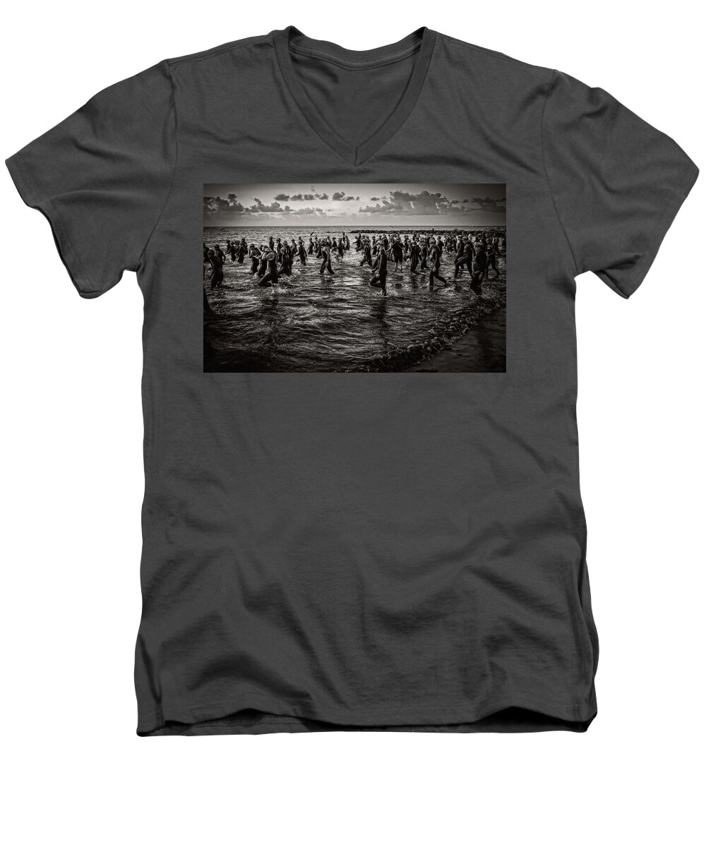 Landscape Men's V-Neck T-Shirt featuring the photograph Bone Island Triathletes by Joe Shrader