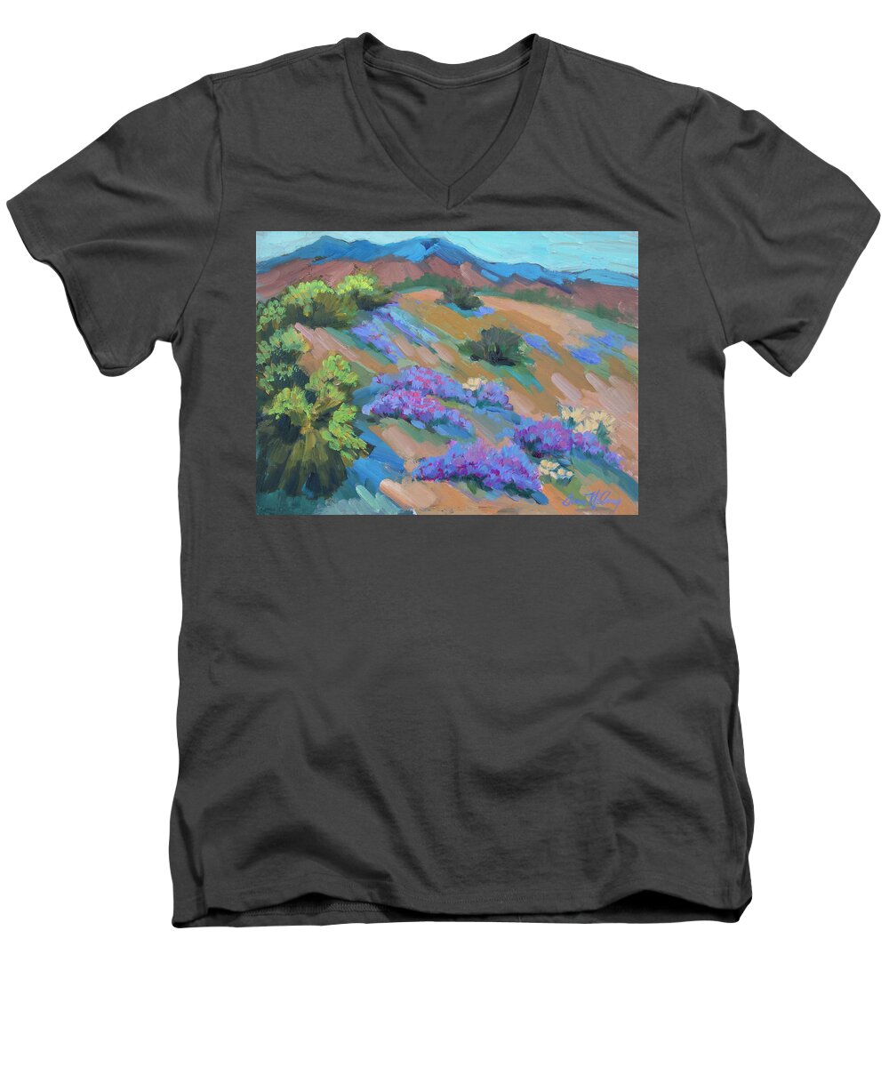 Desert Men's V-Neck T-Shirt featuring the painting Borrego Springs Verbena by Diane McClary