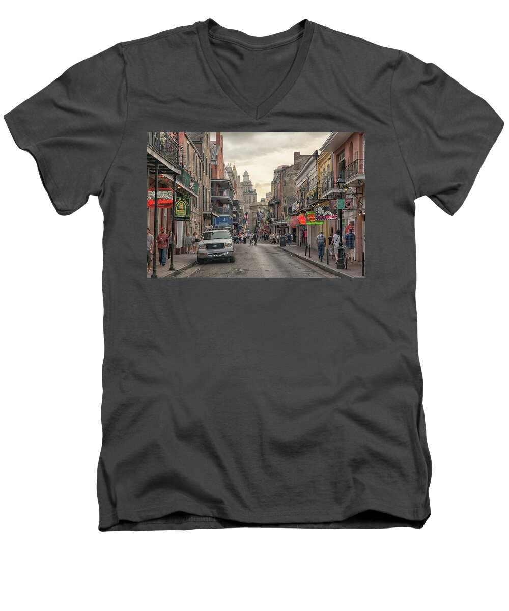 Bourbon Street Men's V-Neck T-Shirt featuring the photograph Bourbon Street by Victor Culpepper