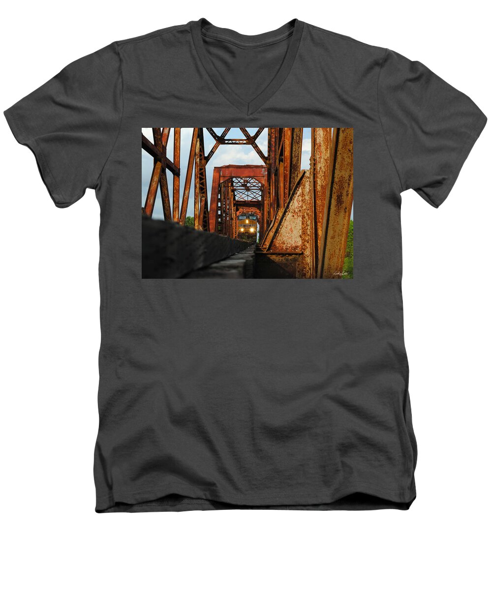 Union Pacific Men's V-Neck T-Shirt featuring the photograph Brazos River Railroad Bridge by Nathan Little